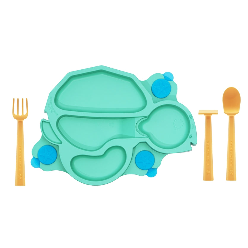 Turtle Suction Plate and Training Utensils placed