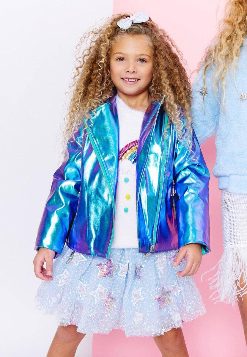 Lola + The Boys Metallic Rainbow Sky Jacket model front