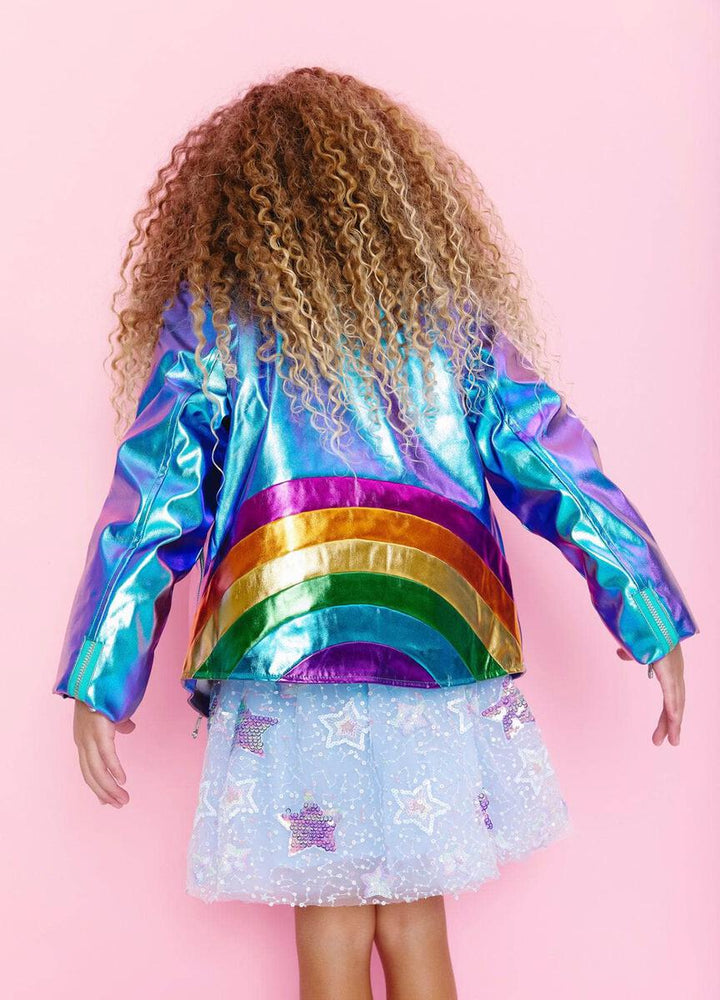 Lola + The Boys Metallic Rainbow Sky Jacket model back