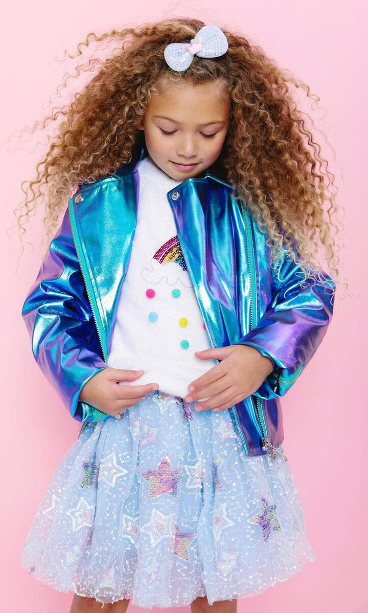 Lola + The Boys Metallic Rainbow Sky Jacket model too