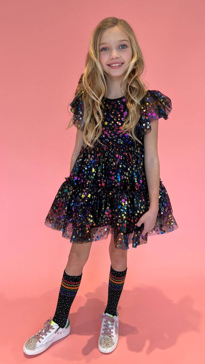 Lola + The Boys Shining Rainbow Tulle Dress model blonde