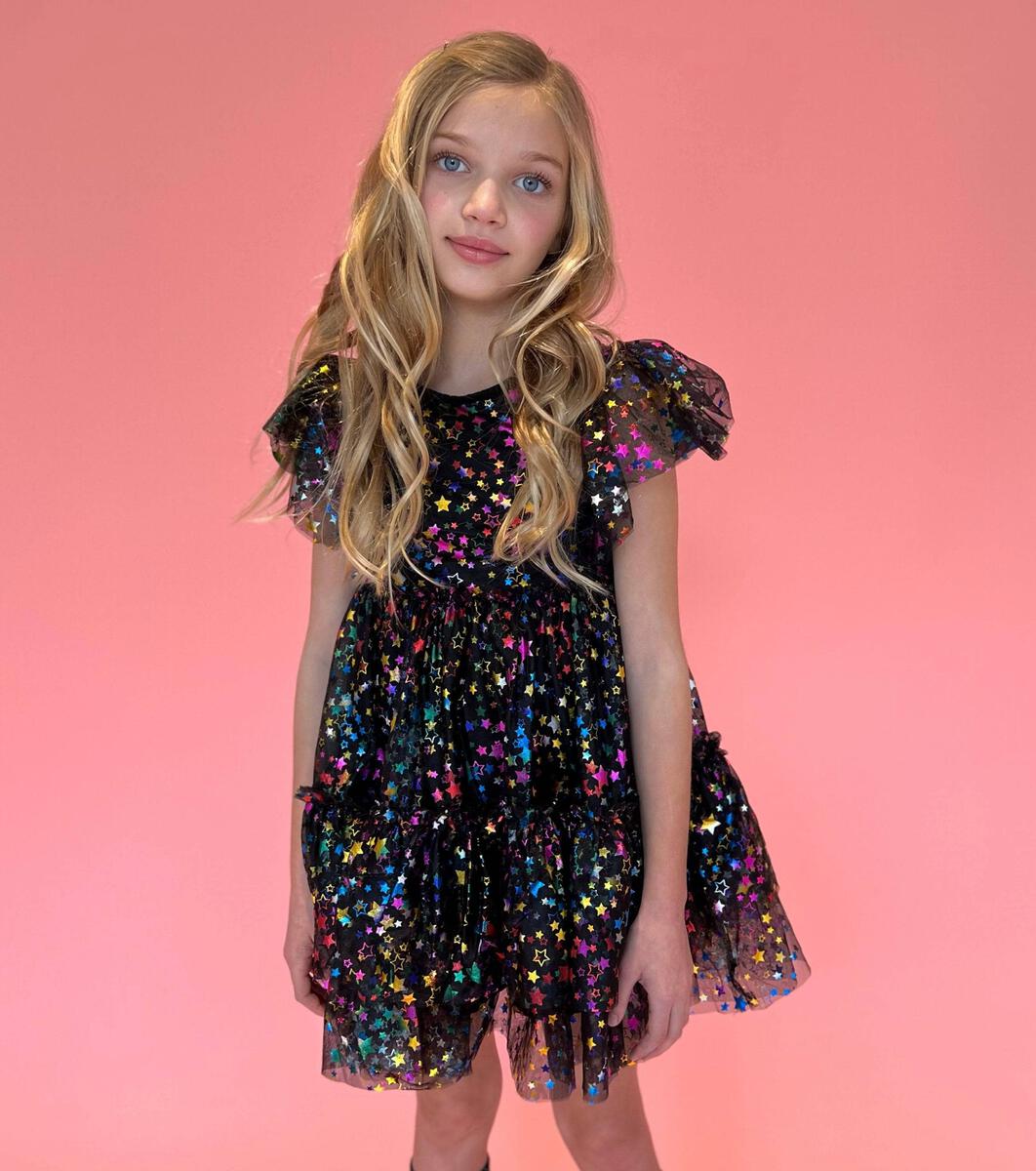 Lola + The Boys Shining Rainbow Tulle Dress model close