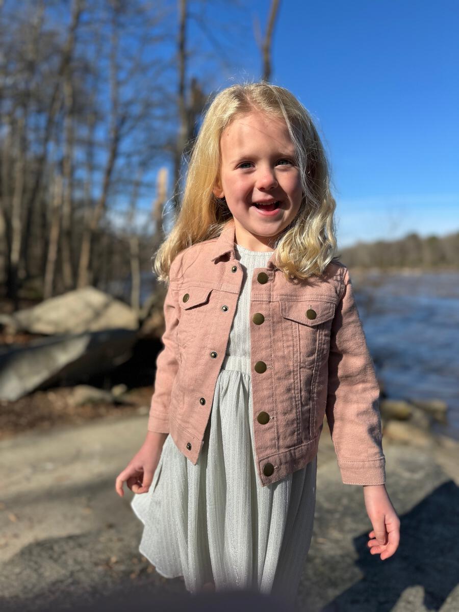 Vignette Wyatt Jacket in Pink Sunset  model lake