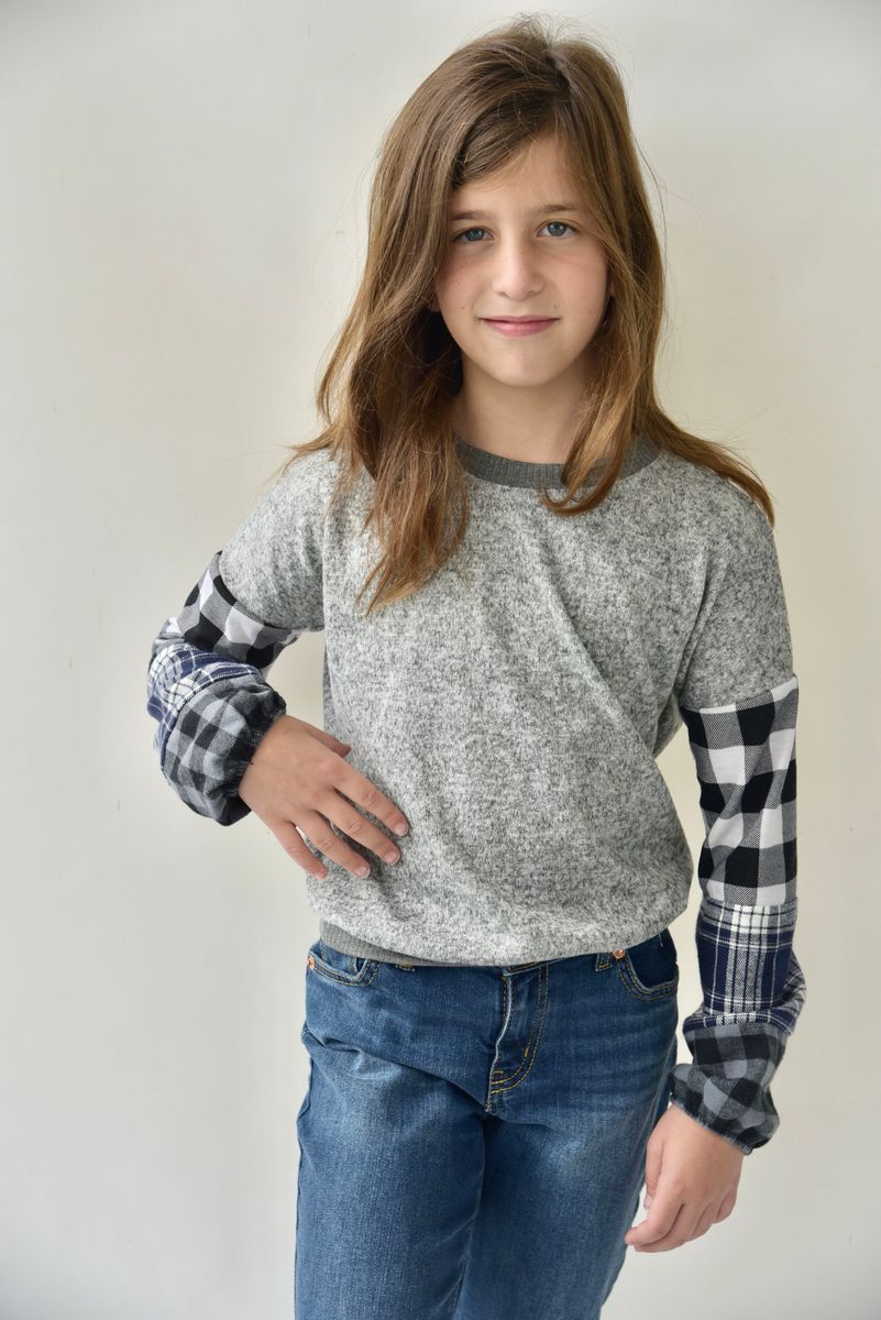 Area Code 407 Hannah Plaid Sleeve Sweatshirt