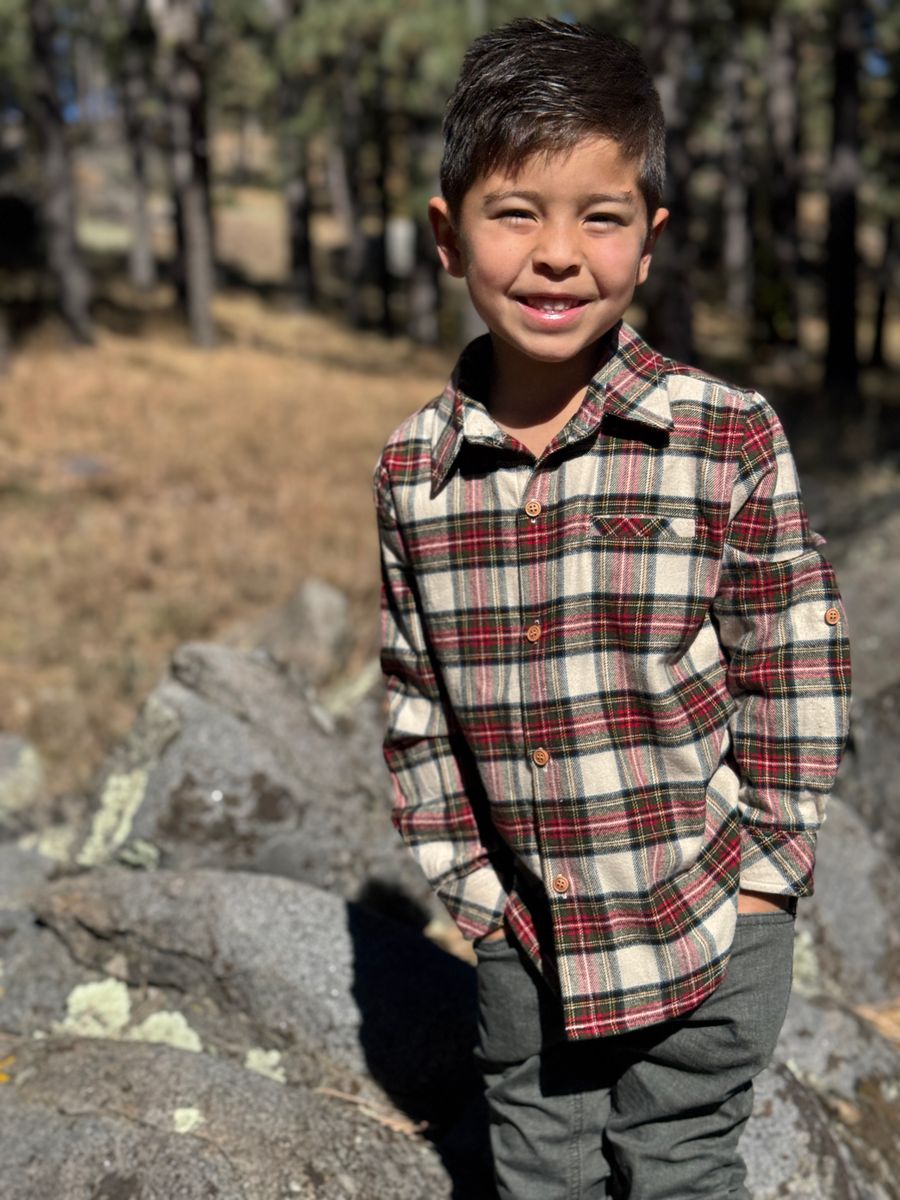 Me & Henry Atwood Cream Green Plaid Shirt model smile