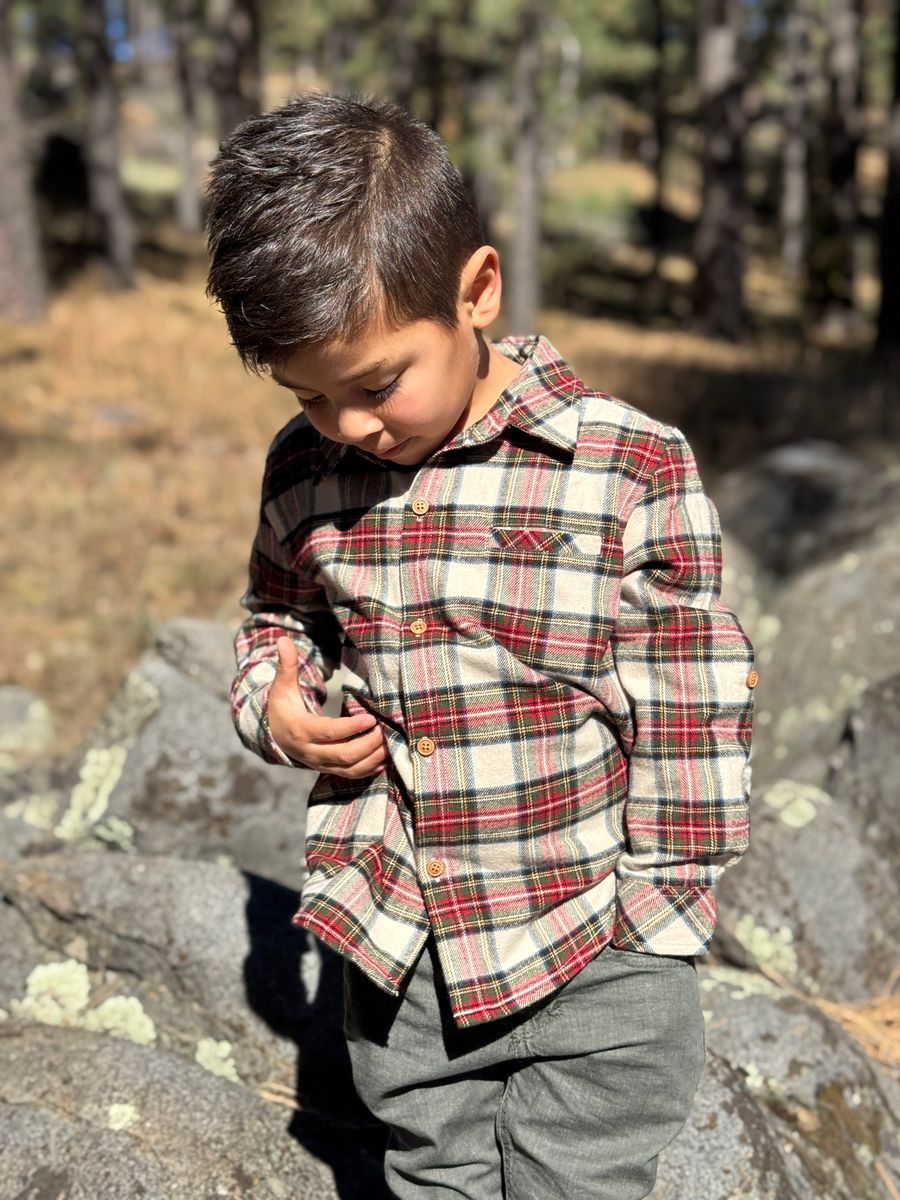 Me & Henry Atwood Cream Green Plaid Shirt model rocks