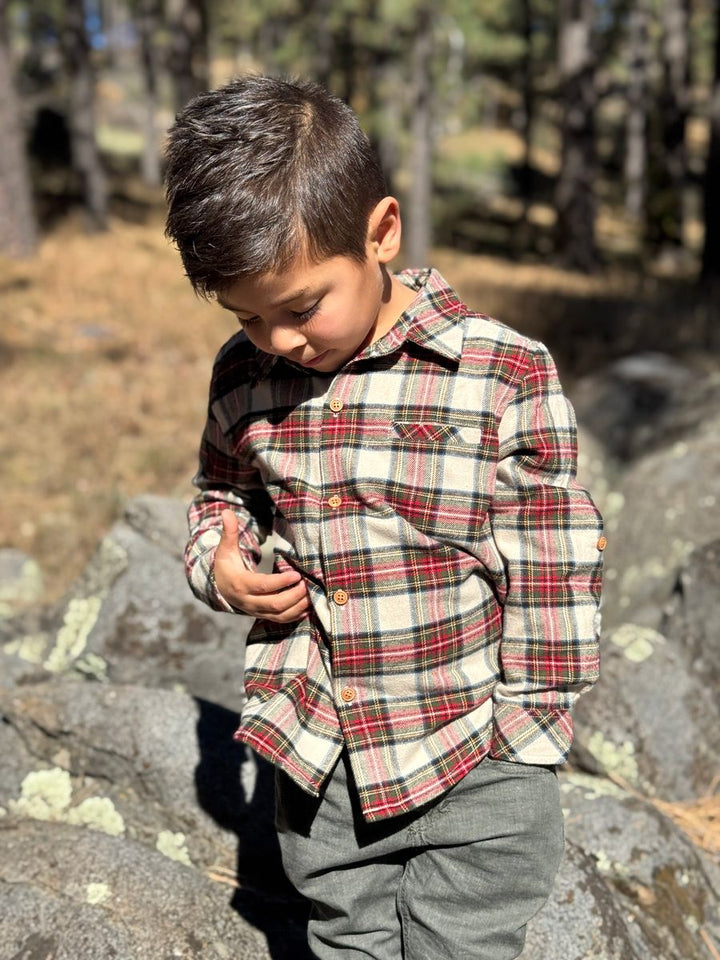 Me & Henry Atwood Cream Green Plaid Shirt model rocks