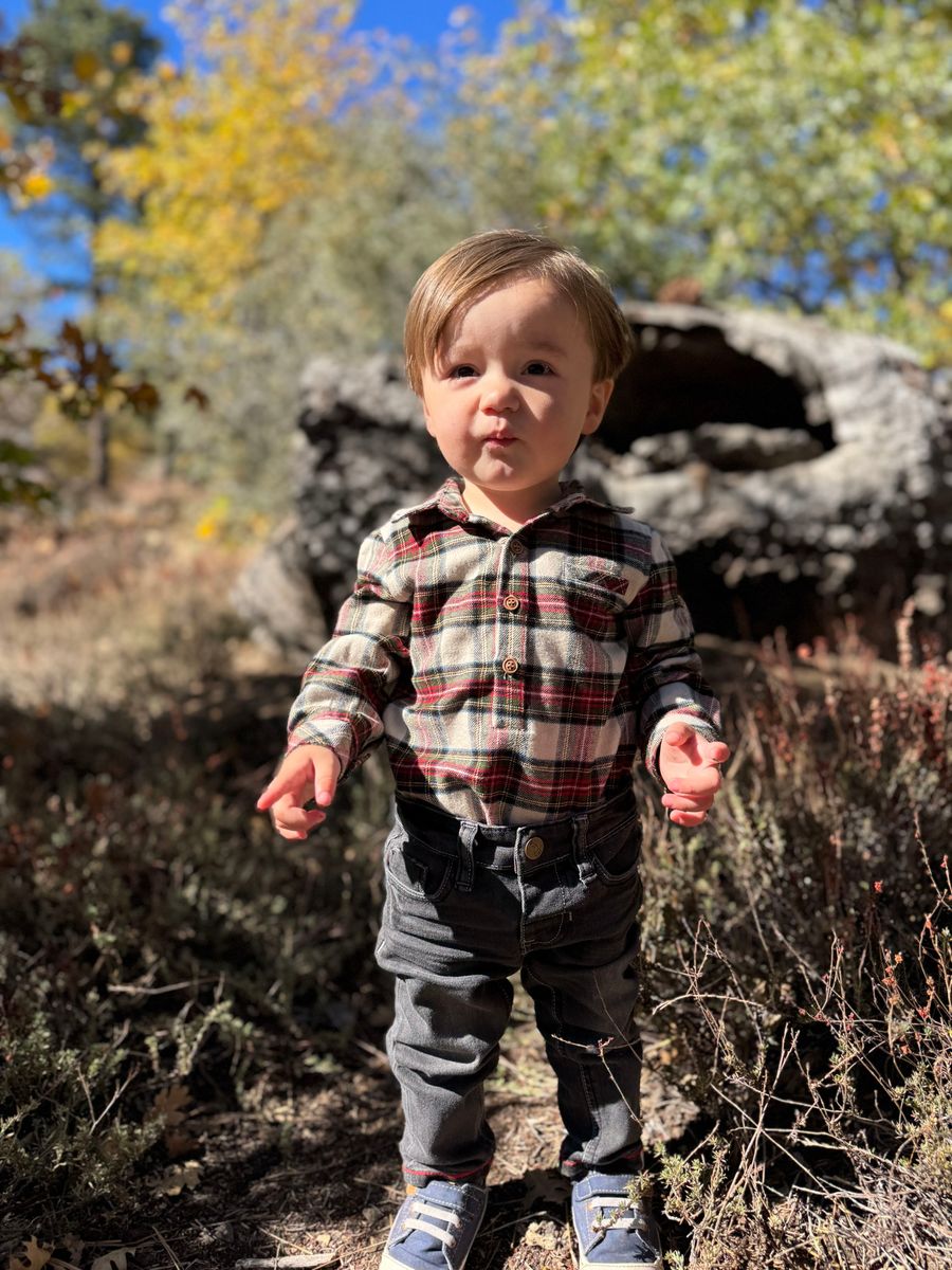 Me & Henry Atwood Cream Green Plaid Shirt model baby