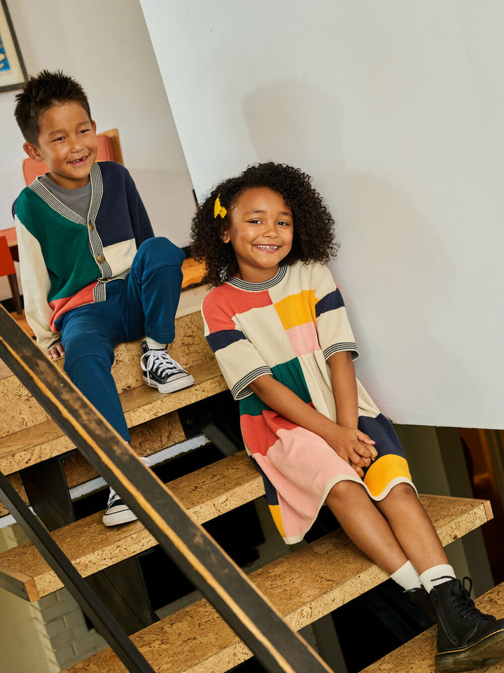 Tea Collection Colorblock Sweater Dress model stairs