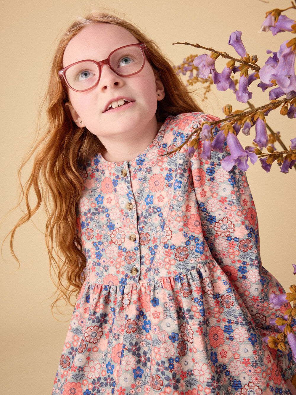 Tea Collection Japanese Mini Floral Corduroy Dress model close