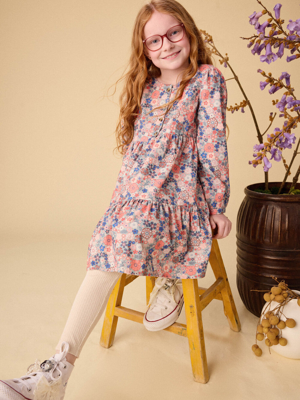 Tea Collection Japanese Mini Floral Corduroy Dress model bench