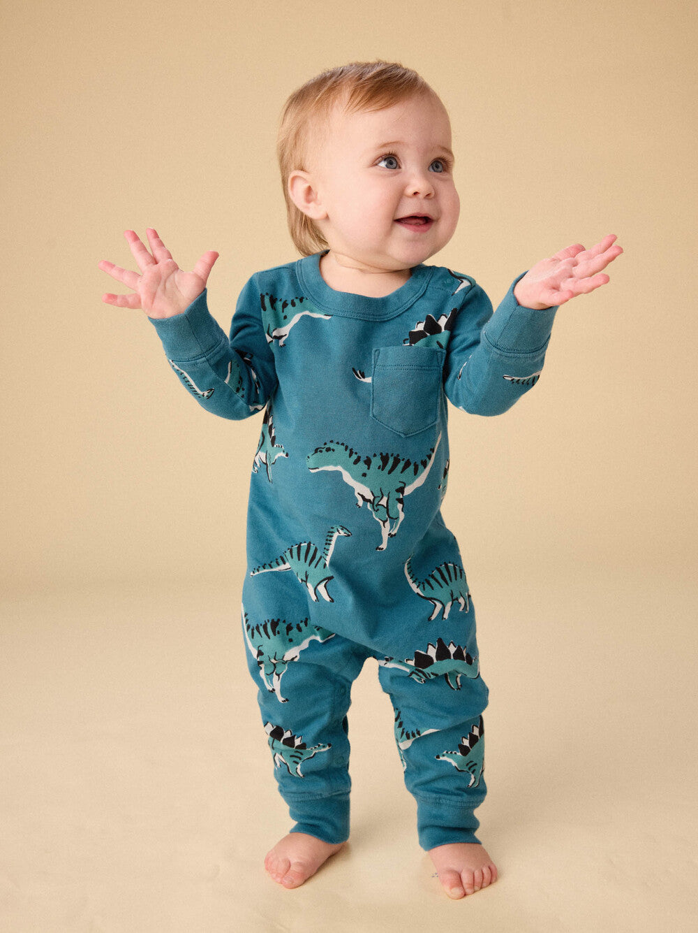 Tea Collection Dynamic Dinos Pocket Romper model standing