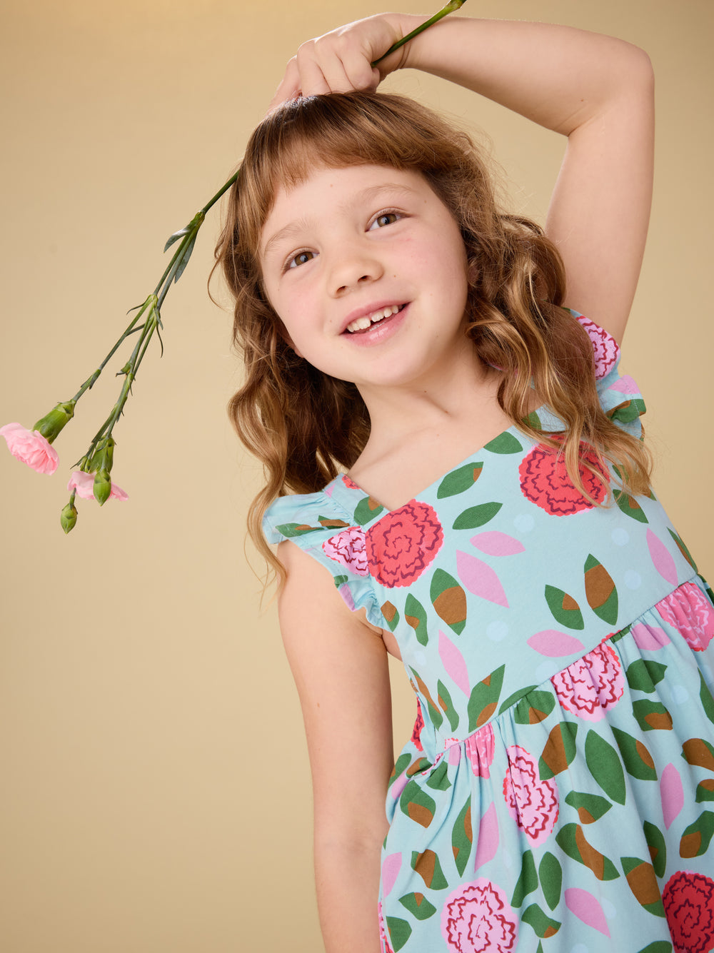 Tea Collection Spinning Carnations Ruffle Strap Dress model close