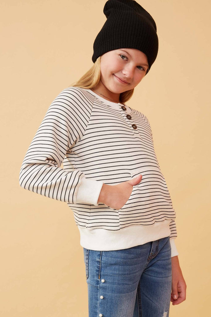 Hayden LA Striped Kangaroo Pocket Henley hand in