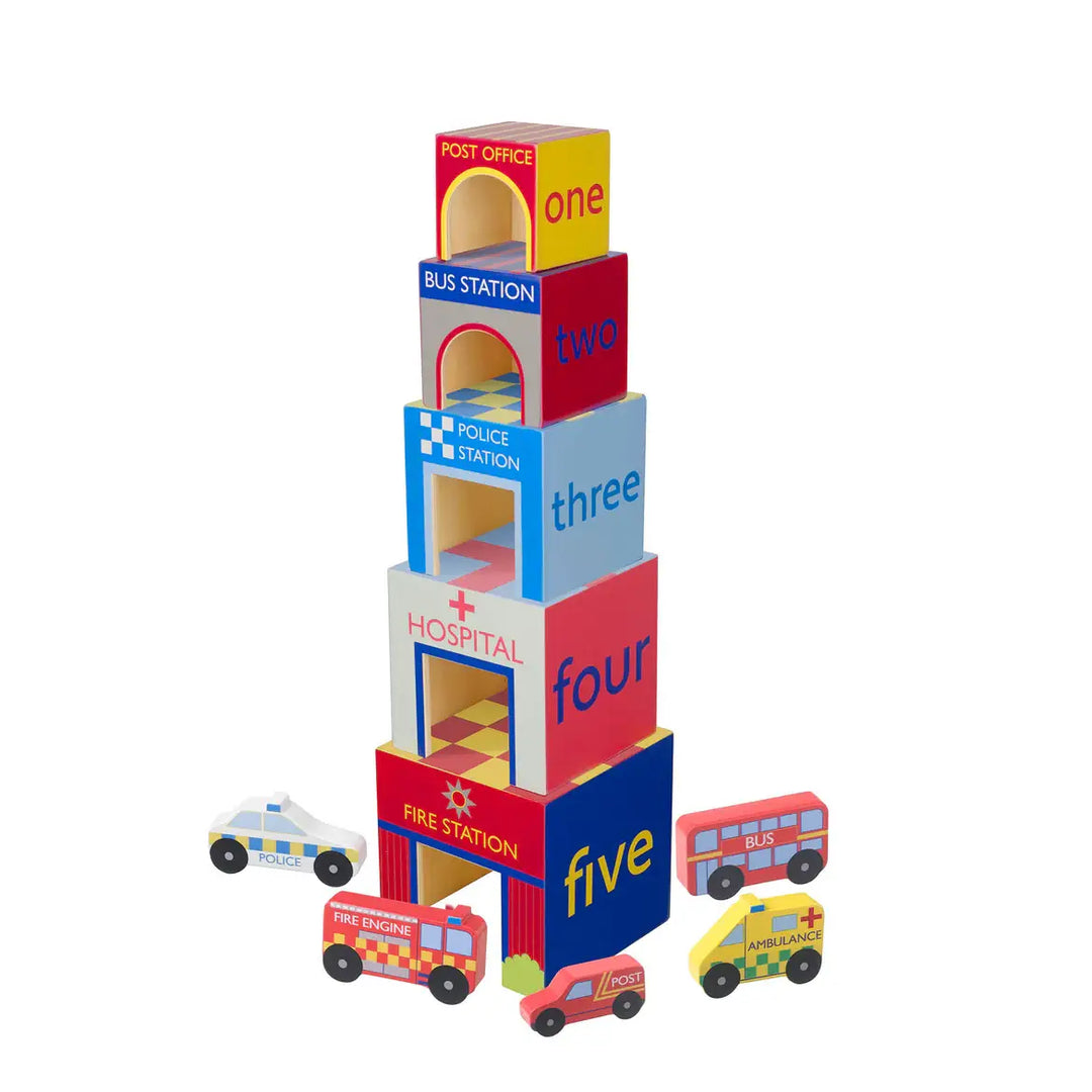 Orange Toys Emergency Services Wooden Stacking Cubes tower