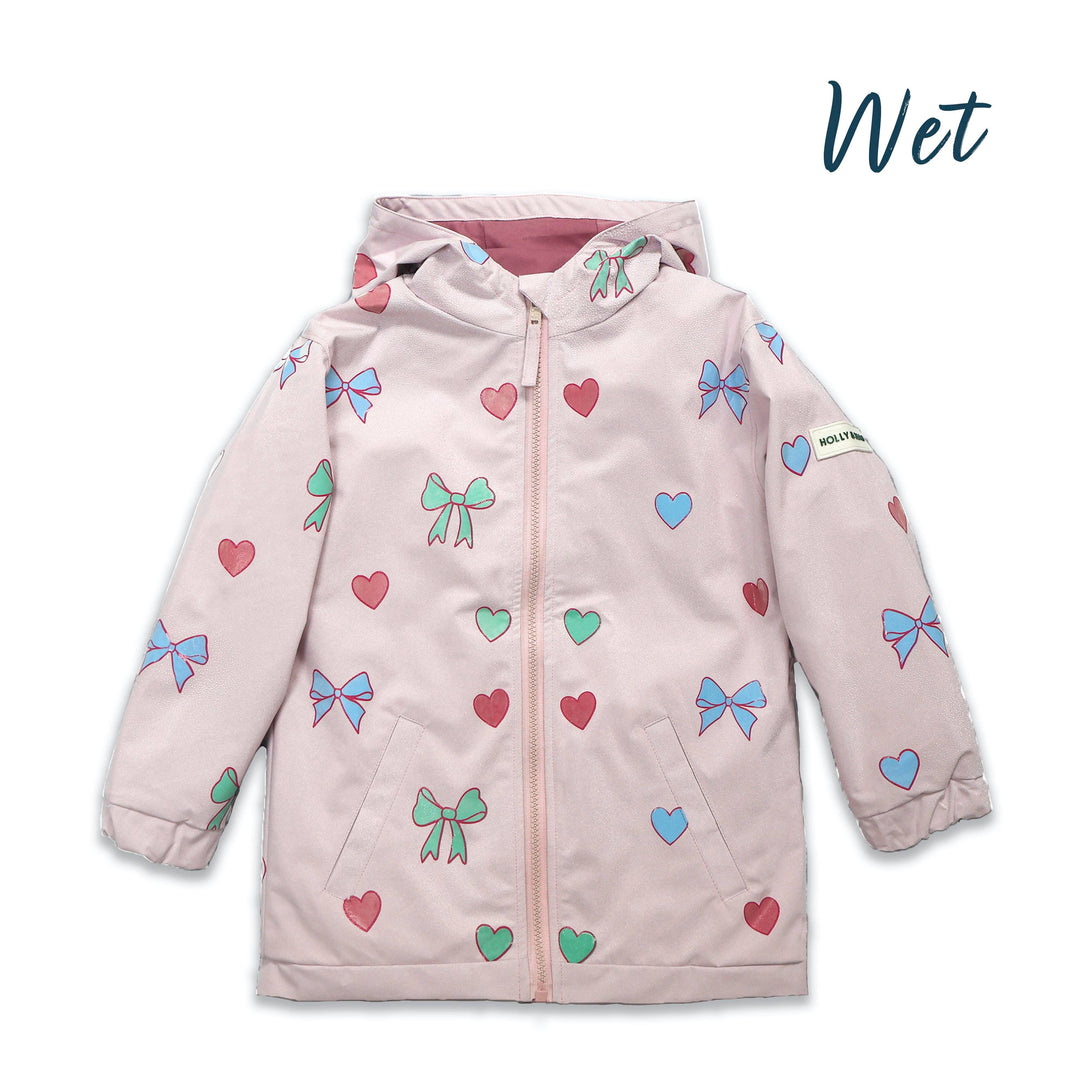 Holly & Beau Hearts & Bows Color Changing Raincoat wet