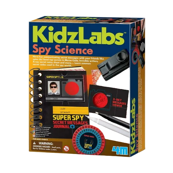 Box of KidzLabs Spy Science kit with spy-themed items and text.