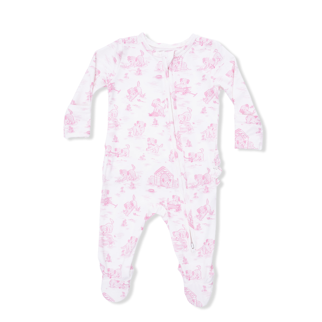 Pink Puppy Toile Ruffle Footie