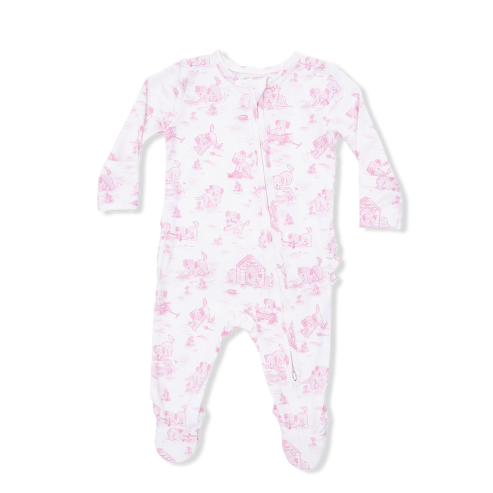 Pink Puppy Toile Ruffle Footie