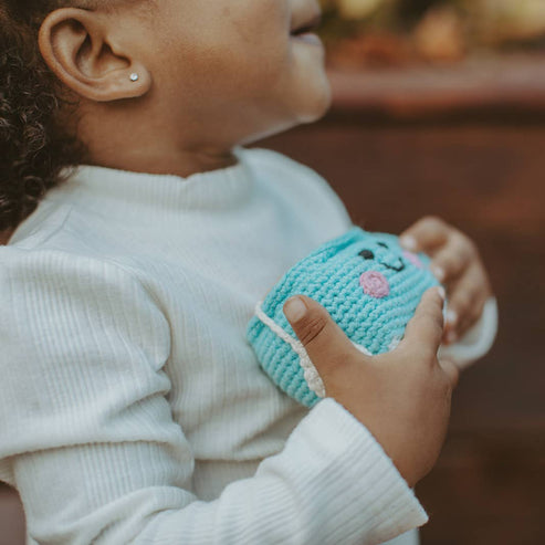 Pebble Child Chai Latte Knitted Rattle model too