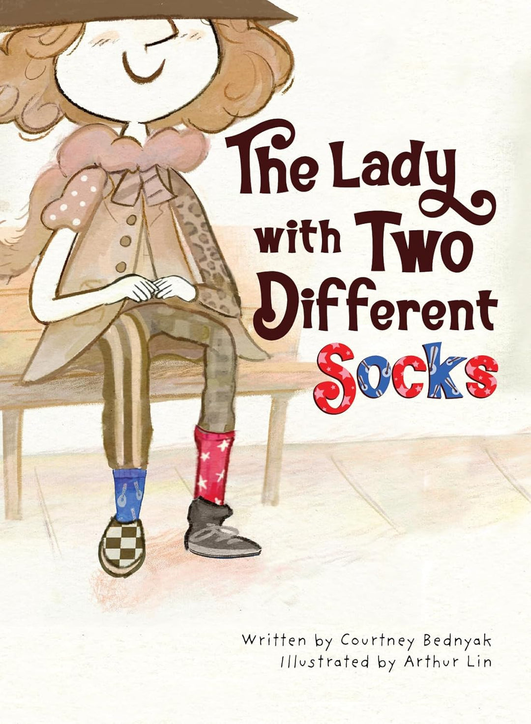 Book cover of 'The Lady with Two Different Socks' featuring an illustration of a lady with two different socks.