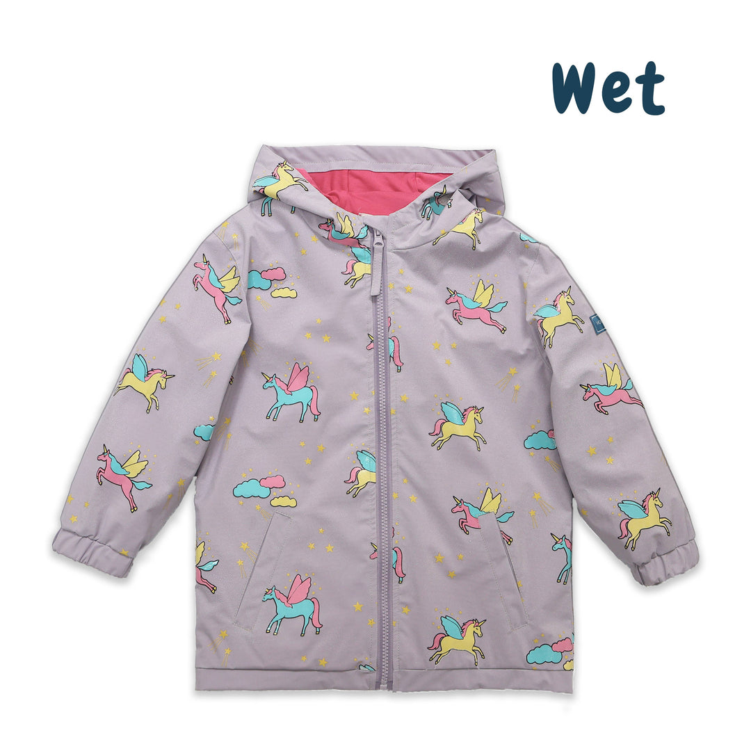 Holly & Beau Unicorn Color Changing Kids Raincoat wet