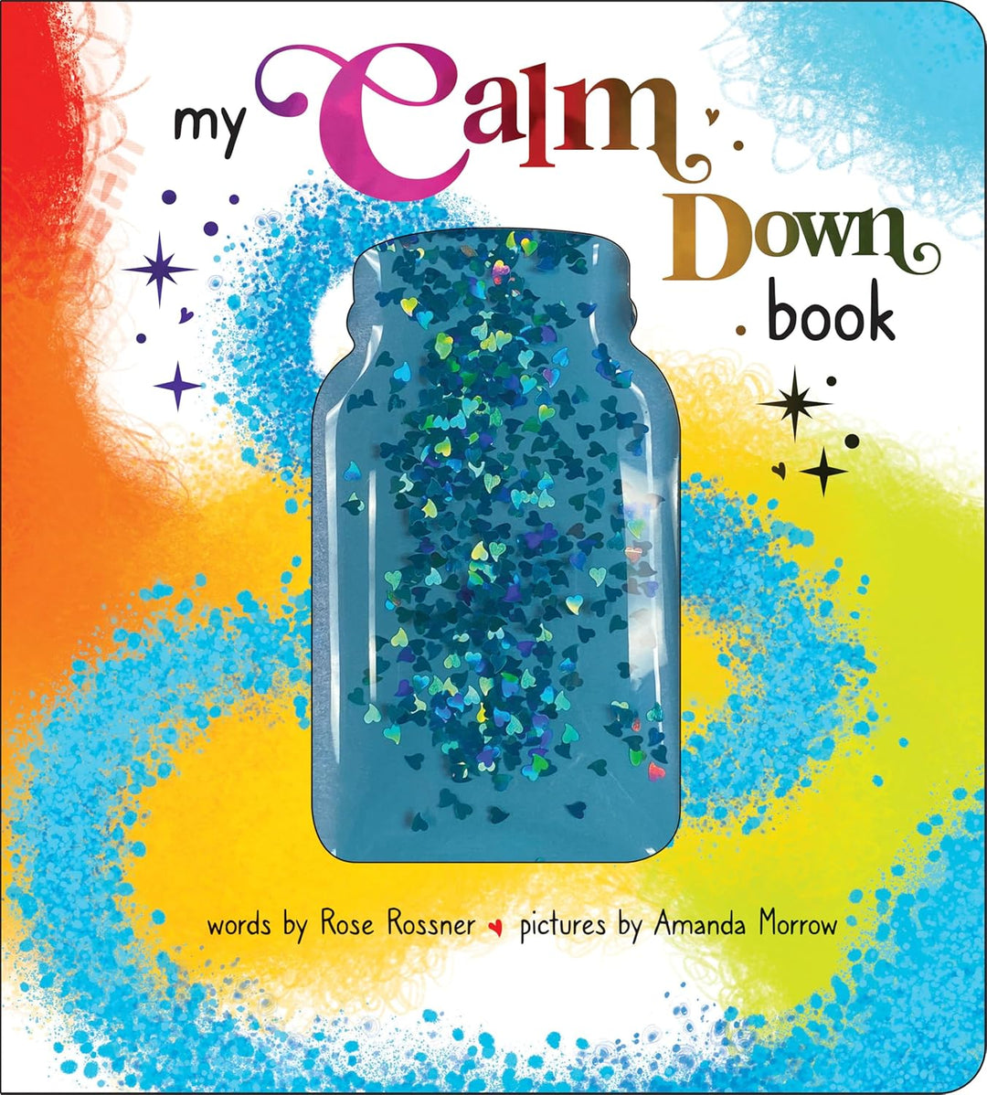 Book cover of 'my Calm Down book' with a jar of colorful confetti on a multicolored background.