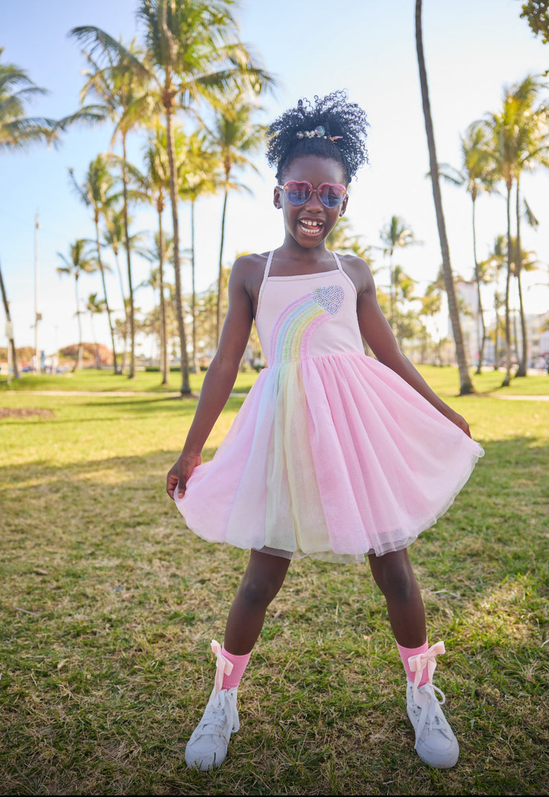 Lola + The Boys Heart Rainbow Tulle Dress model in park