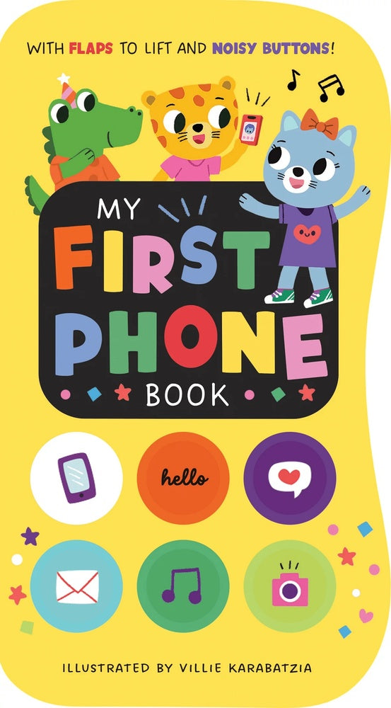 Children's book titled 'My First Phone Book' with colorful illustrations and text.