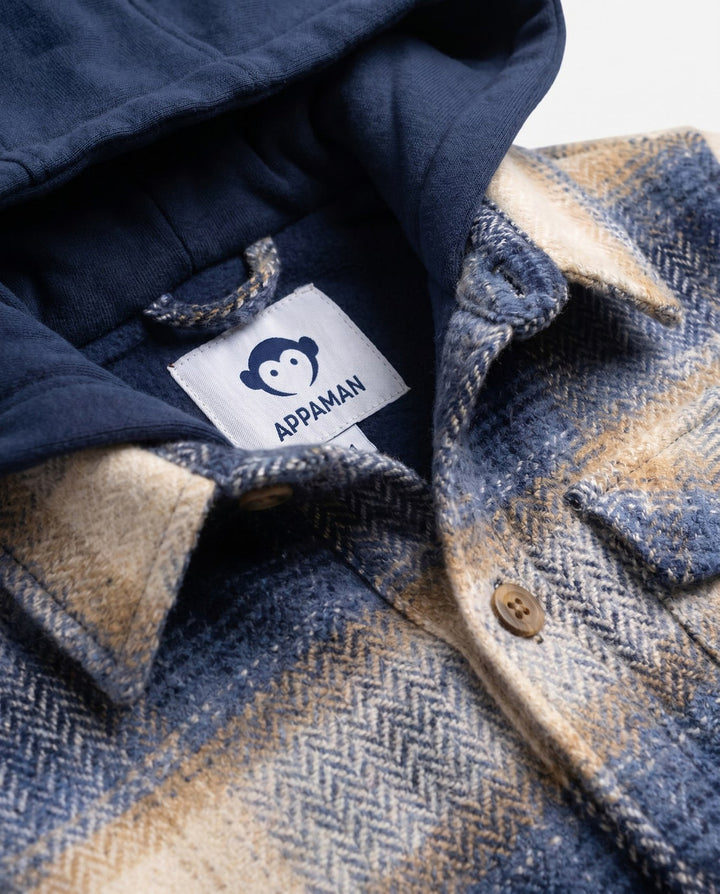 Blue Herringbone Glen Hooded Shirt close