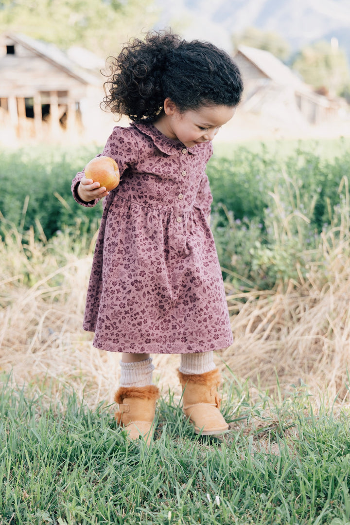 City Mouse Plum Birds Frill Collar Dress looking down