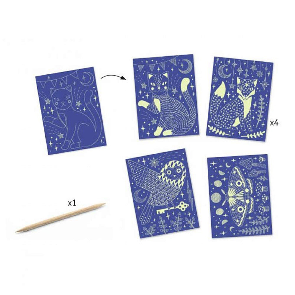 Djeco Owl Glow in the Dark Scratch Board Set contents