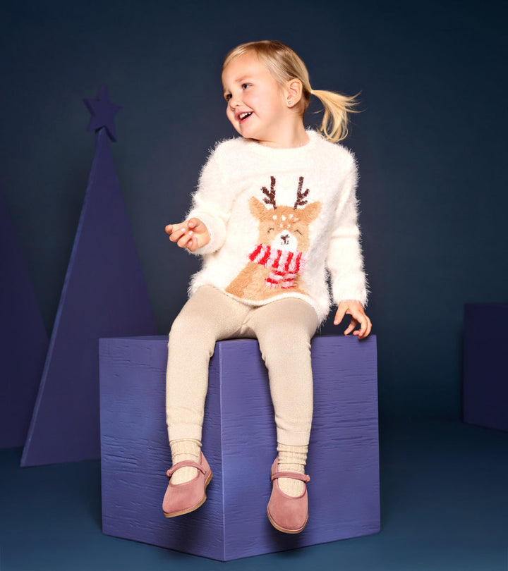 Hatley Reindeer Furry Sweater model seating