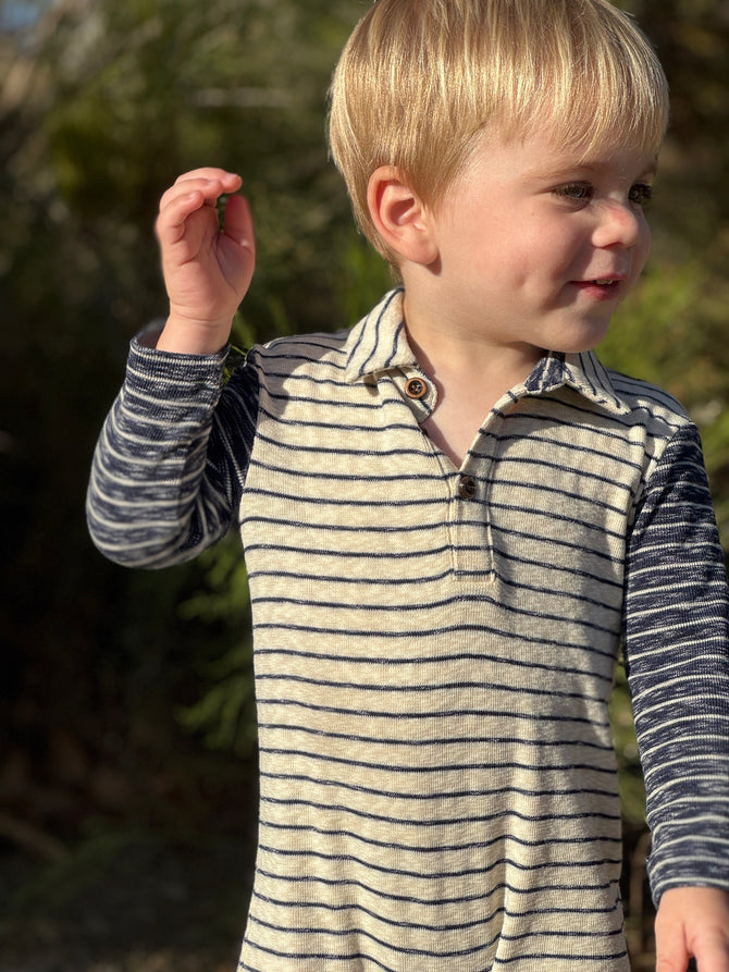 Me & Henry Arlington Striped Polo Romper model close