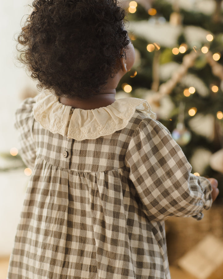 Quincy Mae Forest Check Callie Dress model tree