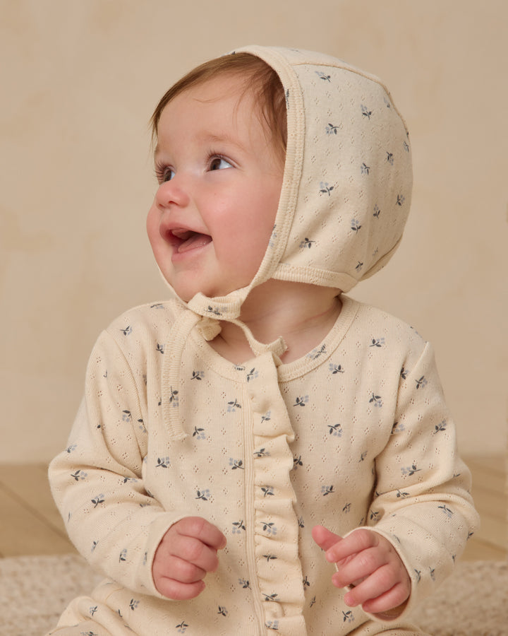 Quincy Mae Blue Ditsy Ruffle Jumpsuit close up