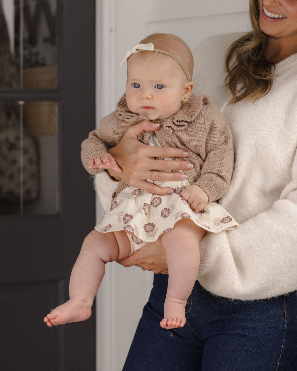 Quincy Heathered Almond Ruffle Cardigan baby
