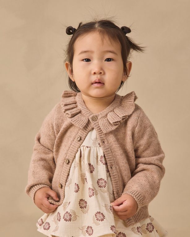 Quincy Heathered Almond Ruffle Cardigan model