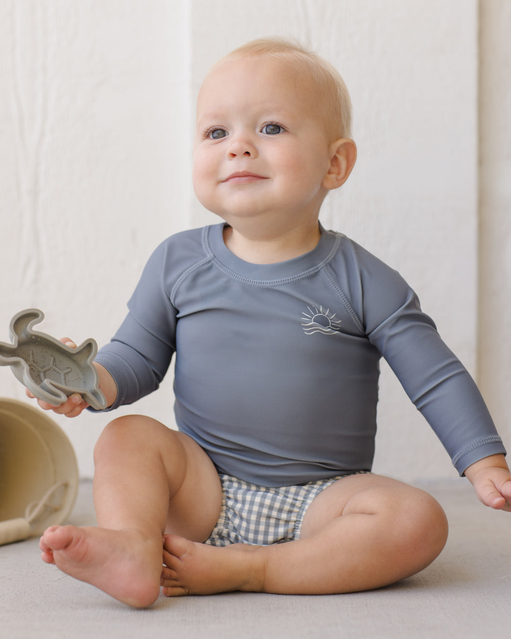 Quincy Mae Ocean Gingham Swim Diaper rash guard model