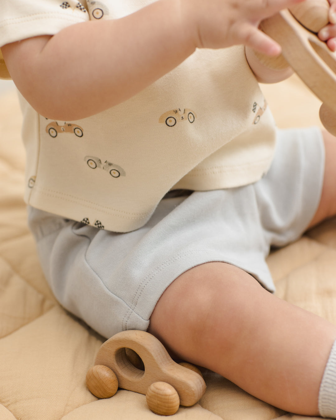 Quincy Mae Race Car Boxy Baby Tee Sky play shorts model