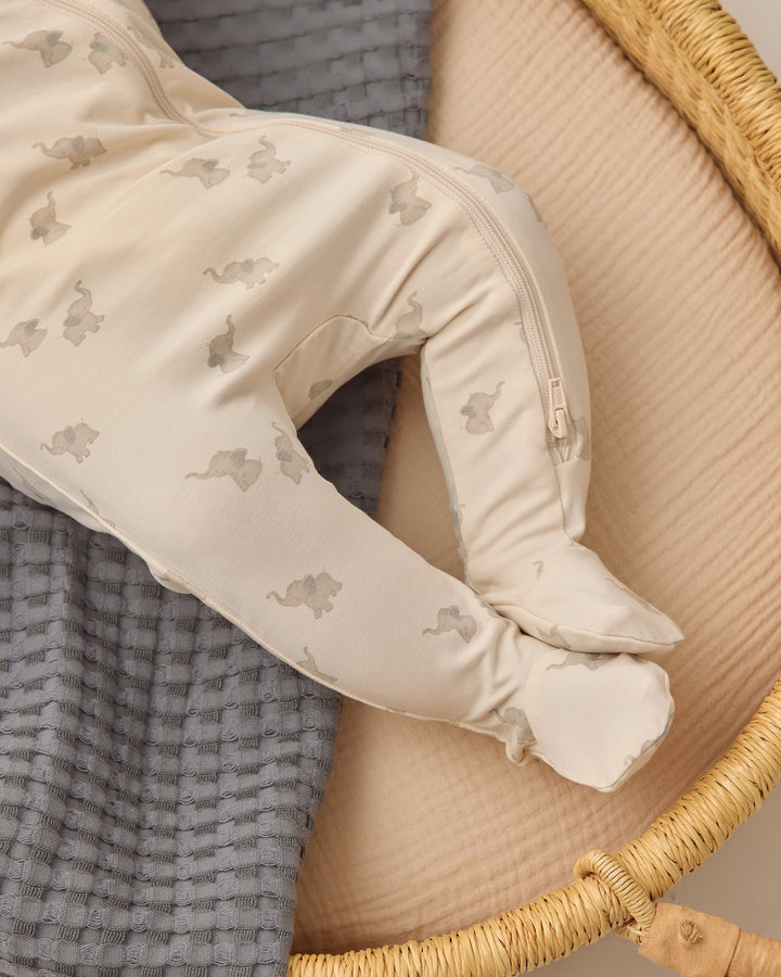 Quincy Mae Elephants Bamboo Footie model feet