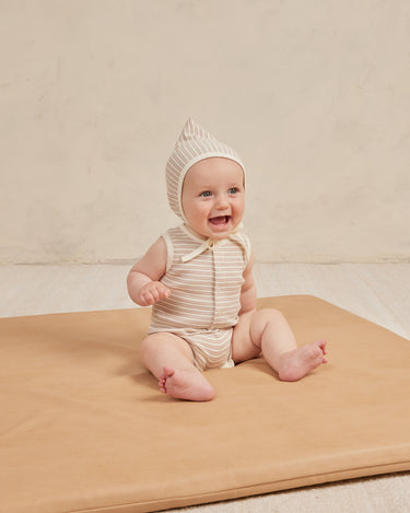 Quincy Mae Oat Stripe Henley Romper model