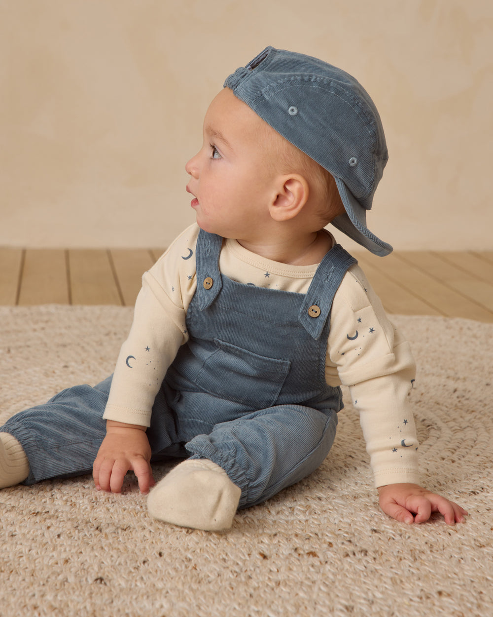 Quincy Mae Moons Tee and overalls model