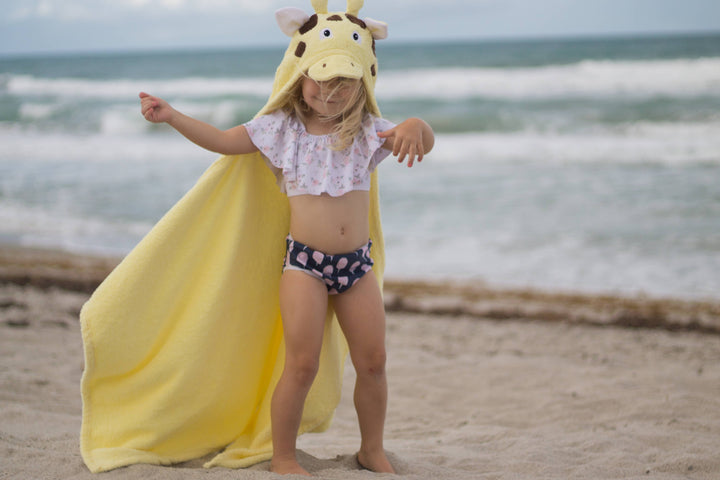 Yikes Twins Giraffe Hooded Towel girl standing