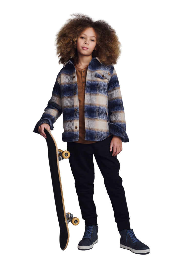 Appaman Glen Hooded Shirt In Earth Plaid model