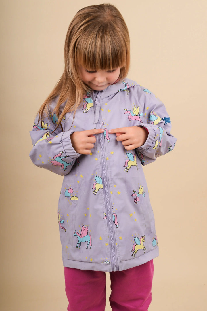 Holly & Beau Unicorn Color Changing Kids Raincoat model wet