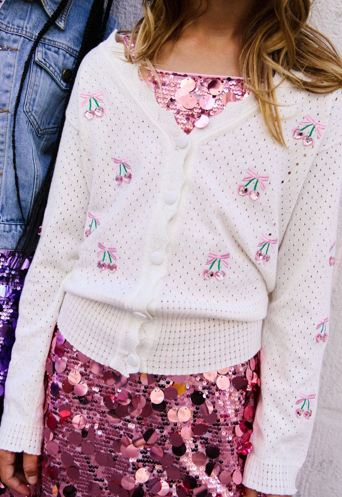 Lola & The Boys Cherry on Top Cardigan model