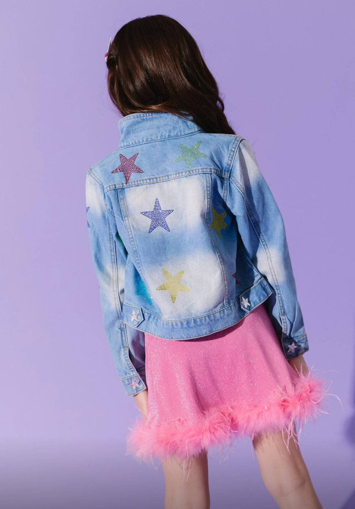 Lola & The Boys Crystal Rainbow Stars Denim Jacket model back