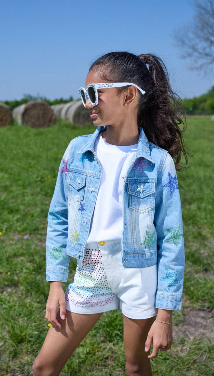 Lola & The Boys Crystal Rainbow Stars Denim Jacket model
