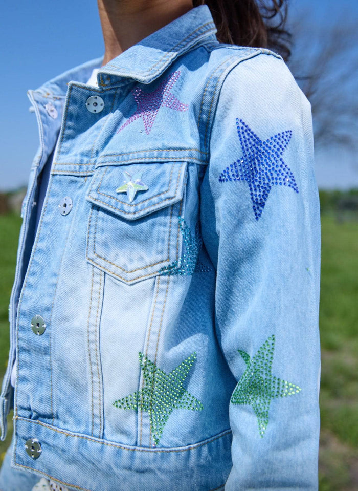 Lola & The Boys Crystal Rainbow Stars Denim Jacket model side